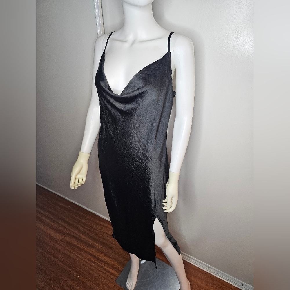 Women's Sexy Formal Slip Dress in Black Size L With Front Slit Adjustable Straps